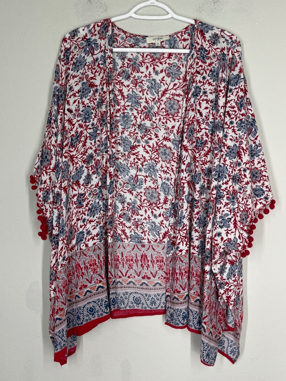 Umgee Kimono Floral Boho Women's Size M/L Red White & Blue Gypsy Pom Pom